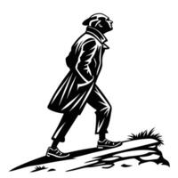 Man In Coat Walking On Hill vector