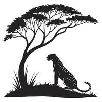 Leopard Sitting Under A Tree Silhouette vector
