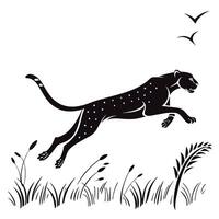 Leaping Cheetah Through Grass Monochrome vector