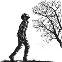Man Looks At Bare Tree Monochrome vector