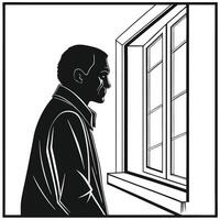 Man Looking Out Window Monochrome Art vector
