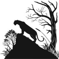 Panther Silhouette On Rock With Trees vector