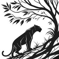 Panther Under Tree Silhouette Illustration vector