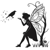 Silhouette Fairy Interacts With A Bird vector