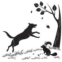 Silhouette Dog Jumping At A Squirrel vector