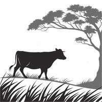 Silhouette Cow Under Tree Art vector