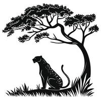 Silhouette Cheetah Under Tree In Grass vector