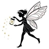 Silhouette Fairy With Lantern And Stars vector