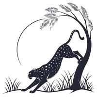 Silhouette Leopard Climbing A Stylized Tree vector