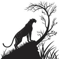Silhouette Leopard On Hill With Tree vector