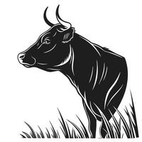 Silhouette Of A Bull Grazing On Grass vector