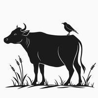 Silhouette Of A Cow With A Bird vector