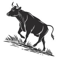 Black Bull Silhouette Running In Grass vector