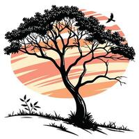 Black Tree Silhouette With Sunset Background vector
