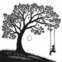 Child Silhouette On Tree Swing vector