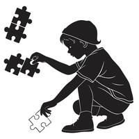 Boy Assembling A Puzzle Monochrome vector