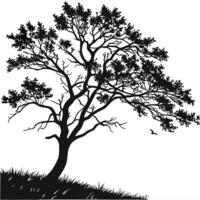 Black Tree Silhouette With Grass And Bird vector