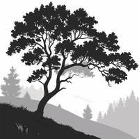 Monochrome Silhouette Tree On Hillside Background vector