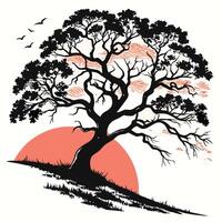 Graphic Silhouette Tree With Birds And Sunset vector