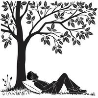 Man Relaxing Under Tree Black Silhouette vector