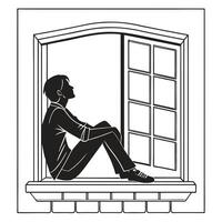 Man Silhouette Sitting On Window Frame vector
