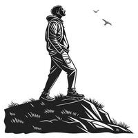 Man On Hill Looking At Birds vector