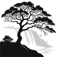 Serene Waterfall Landscape With Silhouetted Tree vector