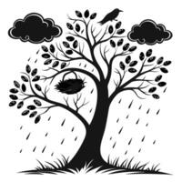 Rainy Tree With Bird And Nest vector