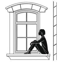 Silhouette Man Sitting On Window Sill vector