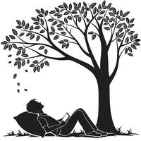 Silhouette Man Reading Under Tree Relaxing vector