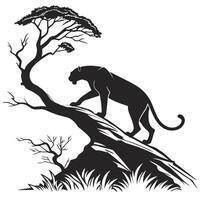 Panther Silhouette On Tree Black And White vector
