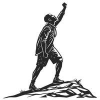 Silhouette Man Stands On Mountain Top vector