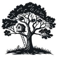 Silhouette Of Treehouse In Tall Tree vector