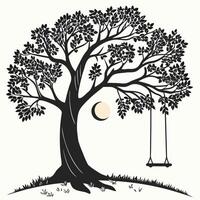 Silhouette Tree With Swing And Moon vector