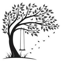 Silhouette Tree With Swing And Leaves vector