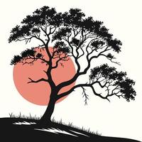 Silhouette Tree Illustration Against Red Sun vector