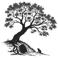 Silhouette Tree With Mouse And Burrow vector