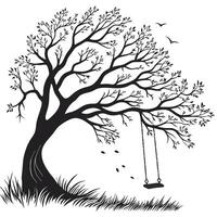 Tree With Swing And Birds Silhouette vector