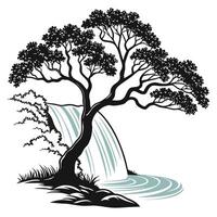 Tree With Waterfall In Design vector