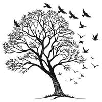 Tree And Flying Birds Silhouette vector