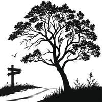 Tree And Signpost In Silhouette Landscape vector