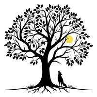 Tree Silhouette With Wolf Howling Moon vector