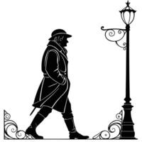 Victorian Man Silhouette Walking Street Lamp vector