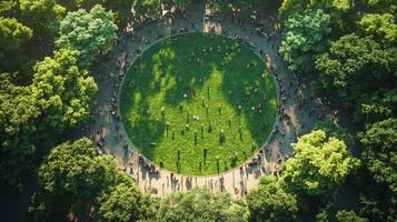 Aerial View of Circular Park with Grassy Field and Dense Trees photo