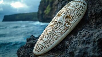 Intricately Carved Wooden Mask with Ocean Backdrop photo
