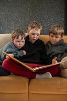 he eldest brother reads a colorful book to his two younger brothers, who sit beside him, captivated by the story. photo
