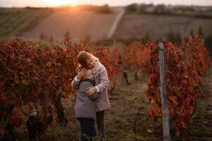 Like a fairytale scene, a boy and girl hug lovingly between rows of scarlet vines, surrounded by autumn magic. photo