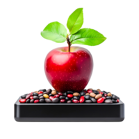 Fresh Red Apple with Green Leaves on Black Stone Base for Healthy Lifestyle png