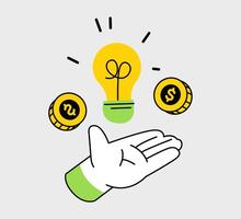 Hand presenting an innovation illustrated as a lightbulb with coins around it vector