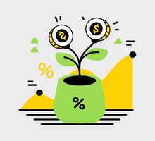 Conceptual illustration displaying financial growth with currency symbols and rising graph vector